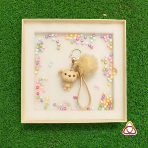 Cream Bulldog Fluff Ball & Wristlet Keychain in Presentation Box