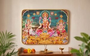 Devi Lakshmi, Saraswati & Ganesha With Shubh Labh Framed Wall Art