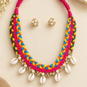 A Vibrant, Bohemian-style Jewelry Set Featuring A Statement Necklace and Matching Stud Earrings
