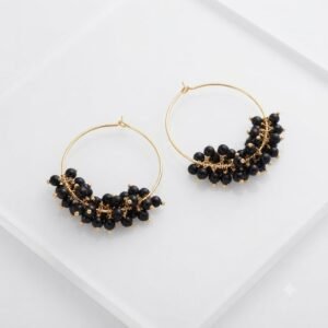 Handcrafted Gold-Plated Black Bead Cluster Hoop Earrings