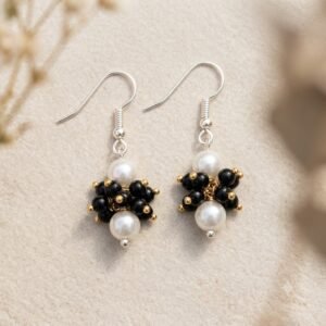 Monochrome Pearl  Black Bead Cluster Earrings