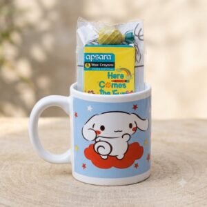 Happy Puppy on Cloud Children’s Ceramic Mug with Crayons Gift Set