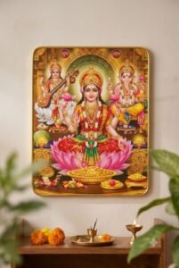 Divine Saraswati, Lakshmi & Ganesha With Shubh Labh Framed Wall Art