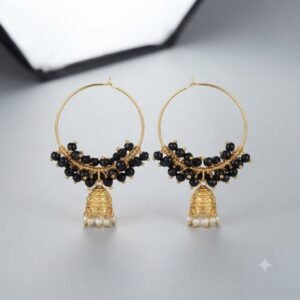 Traditional Gold-Plated Black Bead & Jhumka Drop Hoop Earrings (or “Royal Ethnic Charm Hoop Earrings”)